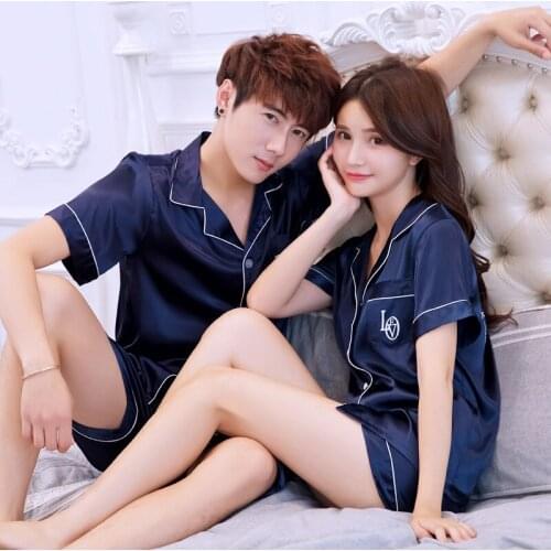 Newly Married Couple Pajamas Spring And Autumn Shorts Plus Size Simulation Silk Thin Section Men And Women Silk Homewear Suit