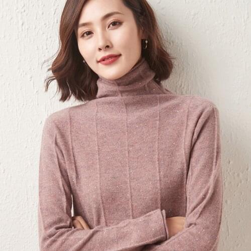 2021 Autumn New Ladies Pure Wool Pile Neck Pullover Sequined Vertical Striped Knitted Cashmere Sweater Slim-Fit Commuter Office