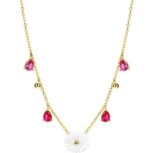 9K Yellow Gold Shell Flower and Red Corundum Tassel Water Drop Necklace Clavicle Chain Girls' Day Gift Jewelry