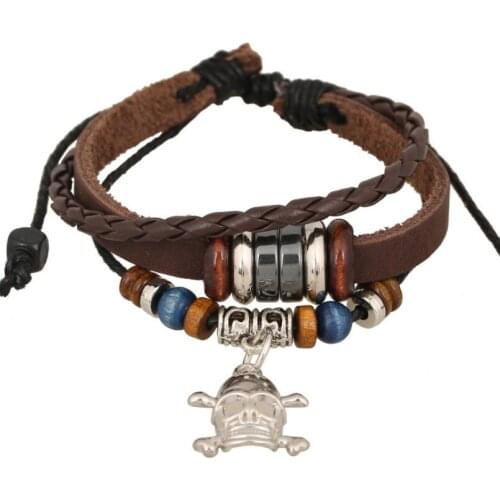 Punk Fashion Skull Bead Charm Bracelet Vintage Multilayer Weave Leather Wrap Bangle Skeleton Wristband Women Hiphop Rock Jewelry