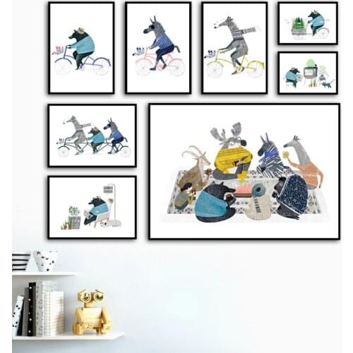 Poster Wall Artwork Canvas Painting Nordic Style Bike Giraffe Zebra Bear Animals Modular Pictures For Kids Room Home Decor Print