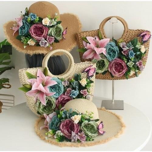 Straw Beach Bag for Women Handmade Woven totes Flower Rattan Bags Summer Vacation Casual larger capacity bag with Sun Hat