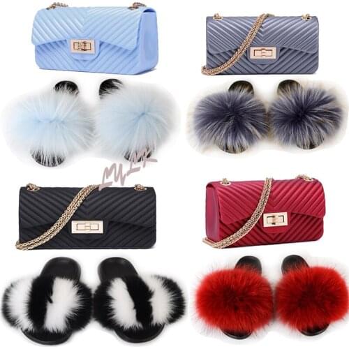 Women Fox Fur Slippers Ladies Fashion Plush Slides Fluffy Furry Shoes Female V-Shaped Jelly Bag Set Purse Chain Shoulder Handbag