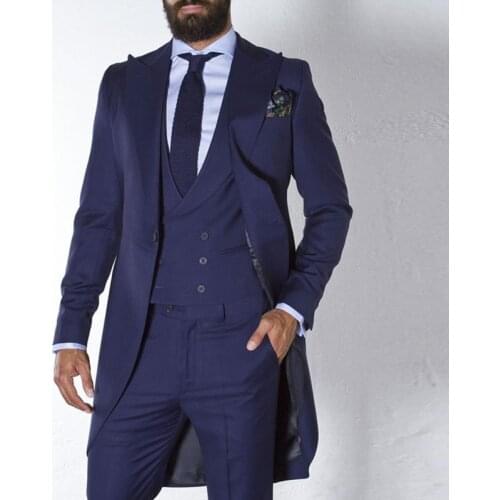 Navy Blue Tailcoat Men Suits for Wedding Custom Made Groom Tuxedos Long Male Fashion Blazer 3 Pieces Groomsmen Costume 2021