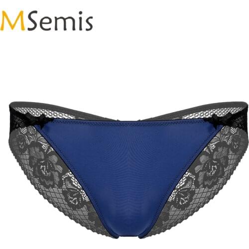 Mens Lingerie Crotchless Sissy Underwear Flower Pattern Lace Back Sissy Briefs Panties Bowknot Elastic Waistband Underpants