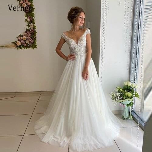 Verngo Sheer Neck Cap Sleeves Pearls Beads A Line Wedding Dress For Bridal Tulle Illusion Buttons Back 2021 Vintage Bride Gowns