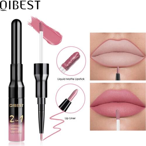 QIBEST Waterproof Lip Gloss Matte Lip Liner Double Head 20 Colors Long-lasting Lipliner Nude Liquid Lipstick Makeup Cosmetics