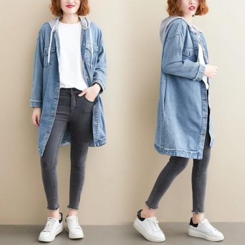 Hooded Womens Denim Jacket Spring and Autumn New Leisure Plus Size Loose Long Single Breasted Windbreaker Jeans Jaqueta f2898