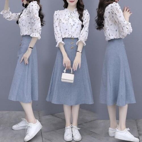 Two Piece Sets Women 2021 Summer Chiffon Print Shirt and Midi Skirts 2pcs Set Female Korean Casual Office Skirt Suit X46
