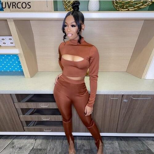 UVRCOS Women Tracksuit 2 Piece Set Fall Clothes For Women Fashion Solid Hollow Out Long Sleeve Stand Collar Hot Streetwear Suits