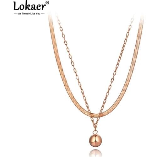 Lokaer Bohemia Titanium Stainless Steel Double Layer Round Ball Choker Necklaces Jewelry Pendant Chain Necklace For Women N20070