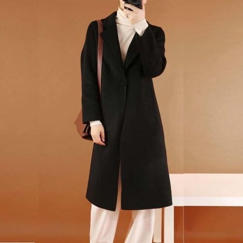 2021 autumn and winter new double-sided cashmere coat suit collar slim medium long black wool tweed womens coat