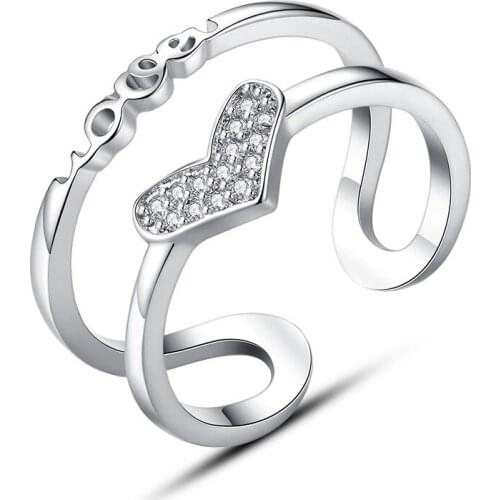 Crazy Feng New Trendy Love Heart Cubic Zirconia Silver Color Resizable Finger Ring Jewelry For Women Wedding Party Gift