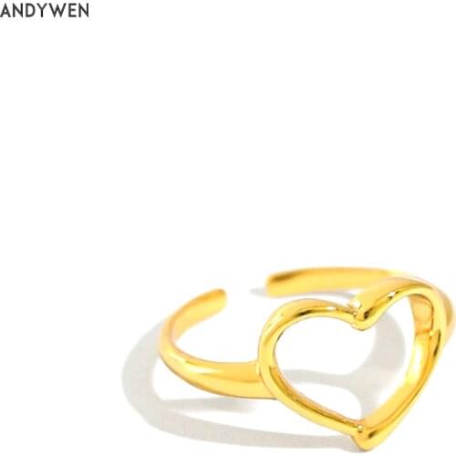 Andywen 925 Sterling Silver Gold Heart Thin Resizable Rings Women Fashion Crystal Wedding Rock Punk Jewelry Party Luxury Small