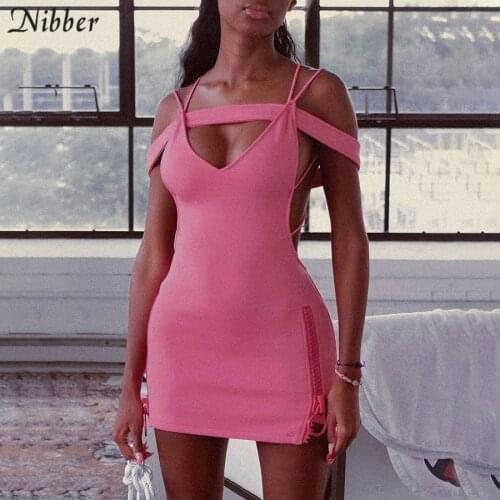 Nibber Y2K Solid Off Shoulder Zipper Slim Mini Dresses Women Summer Hollow Out Backless Bodycon Dress Sexy Night Clubwear