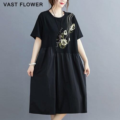 Black Vintage Floral Print Summer Dress Women New O-Neck Short Sleeve Casual Loose Ladies Dresses Vestidos Fashion Clothes 2021