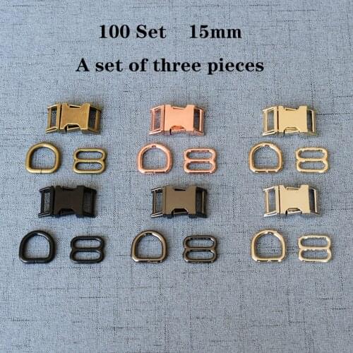 100 Set (B) 15mm Metal D Ring+Adjustable+Release Buckle For Pet Dog Collar DIY Sewing Accessory Strong Hardware 3JT15mm06B