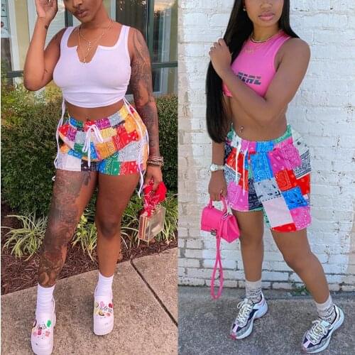 2021 Summer Womens Swim Trunks Patchwork Colorful Casual Beach Shorts Pool Party Beachwear Homewear Loose Drawstring Shorts