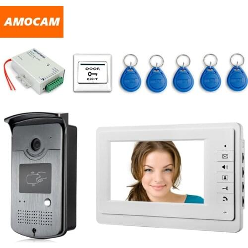 7" Screen Video DoorPhone Doorbell Intercoms ystem night vision waterproof Camera + Power Supply+Door Exit+ RFID Keyfobs unlock