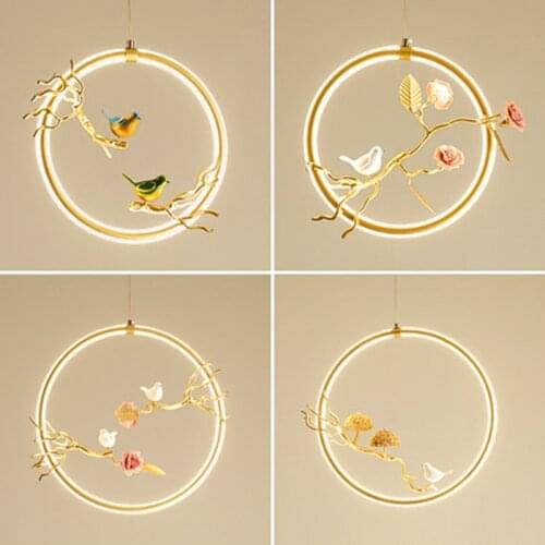 Chinese style art deco Acrylic ring bird pendant lights for dining room kitchen living room gold hanging lamp led luminaires