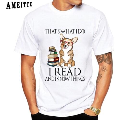 AMEITTE New Summer Fashion Men Short Sleeve Corgi For Book Lovers Print T-Shirt Funny Dog Design Redaing Boy Casual White Tees