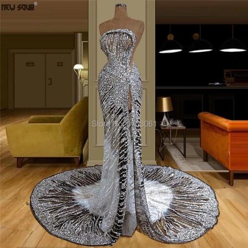 Shiny Beading Evening Dresses With Split Slit 2020 New Dubai Party Gown Saudi Arabic Strapless Glitter Prom Dress Robe De Soiree
