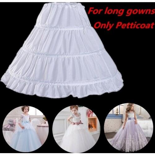 Kids Girls White Long Petticoat 3 Hoops One Layer A-Line Crinoline Lace Trim Flower Girl Dress Underskirt Petticoat