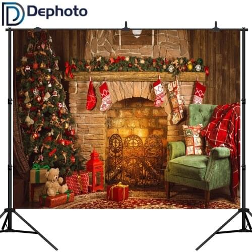 Dephoto Indoor Fireplace Merry Christmas Photo Background Printed Xmas Tree Toy Bear Gifts Chair New Year Photography Backdrops