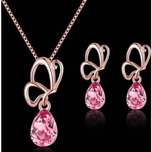 Hot Fashion Women Hollow Petal Water Drop Rhinestone Charm Stud Earrings Necklace Lady Jewelry Set