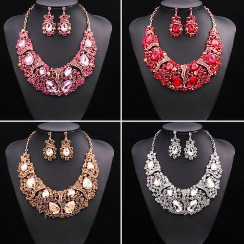 Indian Jewellery Bridal Jewelry Sets Gold Color Crystal Party Wedding Costume Accessories Necklace Earring Sets Gifts for Women