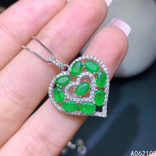 KJJEAXCMY fine jewelry 925 Sterling Silver inlaid natural emerald women fashion Chinese style heart GEM PENDANT NECKLACE support