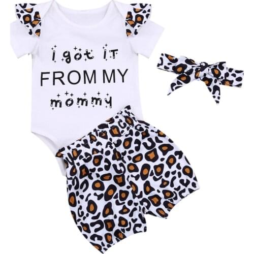 0-18M Newborn Baby Girl Boys Clothes Sets Short Sleeve Letter Print Cotton Romper Tops Leopard Shorts Bottom Headband 3PCS