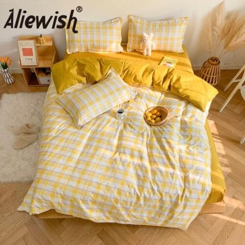 Modern Yellow Plaid Printed Duvet Cover Set 240x220 King Size Pillowcase Flat Bed Sheet Queen Lattice Bedding Sets Quilts Covers