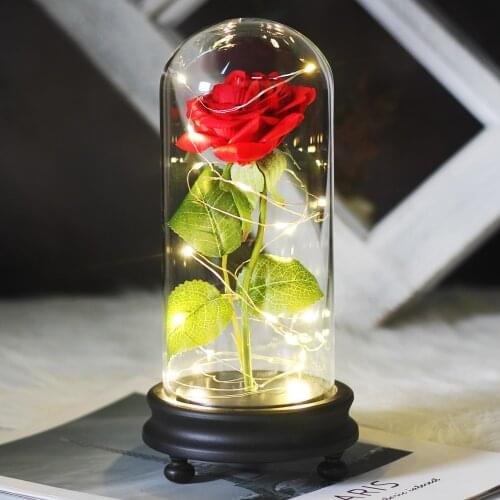 Beauty And The Beast Red Roses Artificial Flower LED Light In Glass Dome Wedding Decor Valentine Romantic Woman Gift Idea