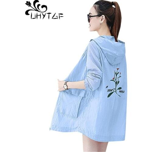 UHYTGF fashion women summer jacket hooded embroidered elegant Female thin sunscreen clothing Korean loose 6XL plus size coat 932