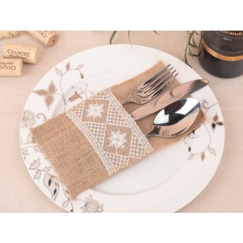 4"x8" Hessian Burlap Lace Wedding Cutlery Holder Pouch Rustic Decorations Favor ( Pack of 50) Birthday Party Decoration