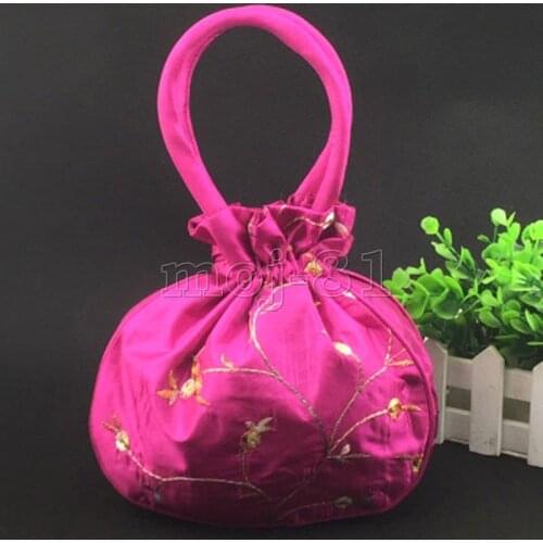 Fashion Womens Fuchsia Embroidered Flower Silk Satin Purse Jewelry Bag Handbag