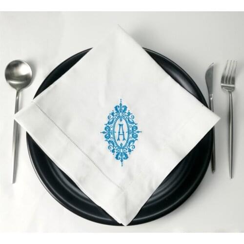 Set of 12 Excellent Monogrammed Dinner Napkins White Hemstitch Linen Table Napkins 20x20" Ladder Embroidered Initial Tea Napkin