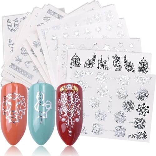 20pcs Pure Silver Nail Decals Watermark Big Floral Vine Simple Geo Tiger Fox Flamingo Flowers Stickers Nails Accessories BEYS20