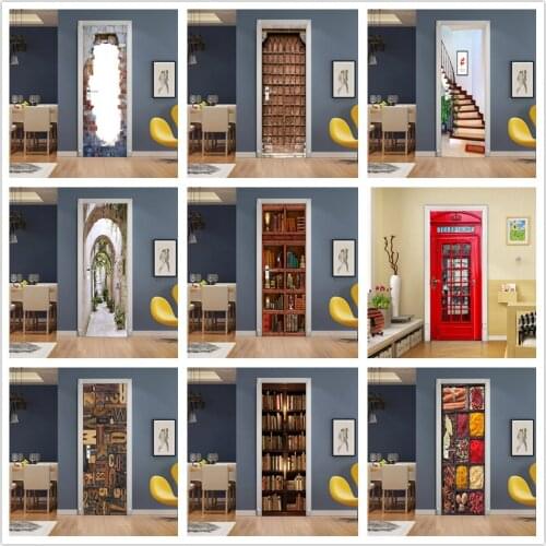 3D Vision Wood Door Sticker Wallpaper For Living Room Bedroom Home Door Decoration Poster Self-adhesive Waterproof Mural Decals