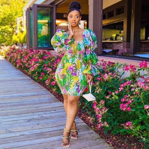 2021 Summer New Womens Fashion Sexy Print Bubble Sleeve Design To Pull a Short Leisure Temperament Dress