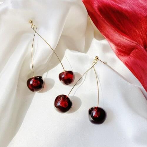 Origin Summer Korean Fashion Red Wine Cherry Dangle earrings for Women Fashion Long Transparent earrings Jewellery Accessories
