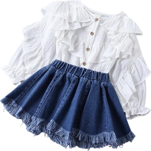 Toddler Baby Girls Two Piece Autumn lovely Set Childrens Solid Color Ruffled T-Shirts Raw Edge Denim Short Skirts for Kids