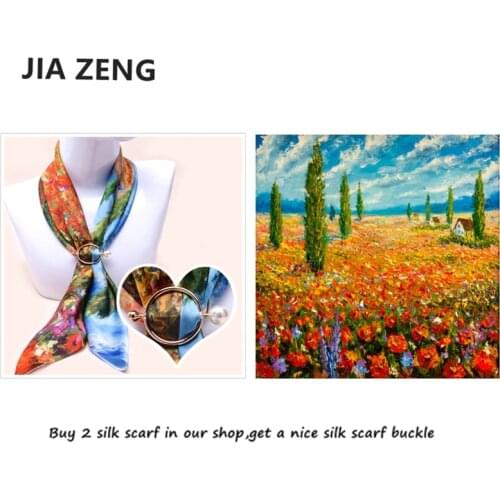 Pastoral Landscape Oil Painting Silk Square Bandana Women Scarf Neck Hair Tie Band Neckerchief Hijab Headscarf Female Foulard