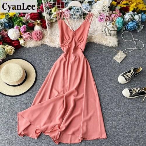 Cyanlee Beach Style Vestidos Solid A-line Sexy Summer Dresses Women Spaghetti Strap High Waist Holiday Fashion Dress Party Robe
