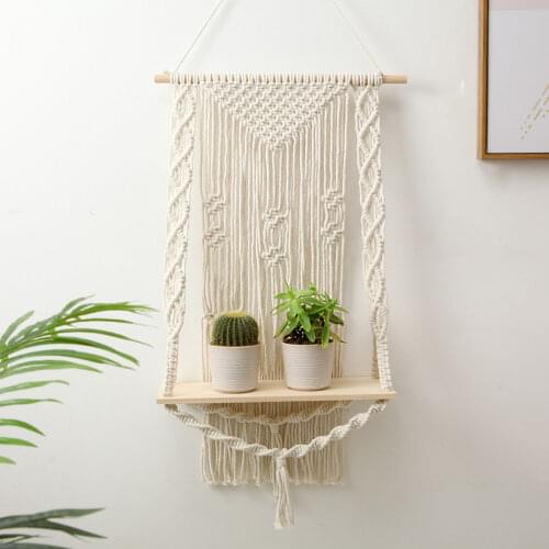Macrame Shelf Boho Plant Tapestry Wall Hanging Rack Bohemian Decor Hand-woven Wall Shelves Wooden Planter Basket Home Decor
