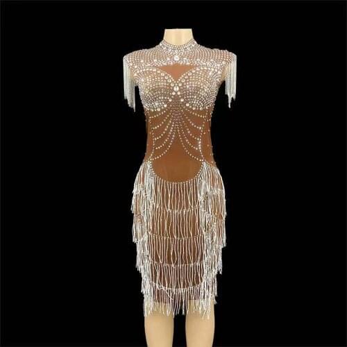 Silver Rhinestone Fringe Transparent Short Dress Birthday Celebrate Chain Shoulder Outfit Prom Dancer Show Dress
