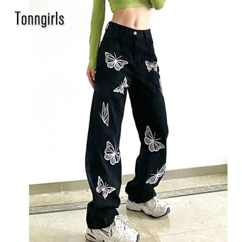 Tonngirls Streetwear Wide Leg Jeans Women High Waist 2021 Y2k Print Butterfly Boyfriend Jeans For Women Loose Demin Ladies Pants