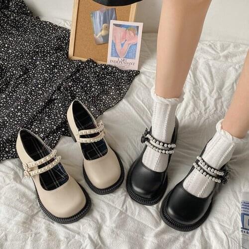 Pearl beige Women Shoes Japanese Style Lolita Shoes Women Vintage Soft High Heel Platform shoes College Student Mary Jane shoes