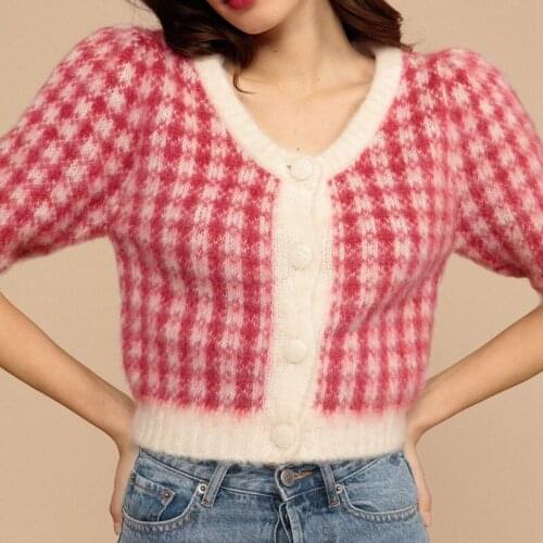 2021 Spring/Summer New Products Fashion Round Neck Short Sleeve Single Breasted Retro Plaid Wild Cardigan Sweater